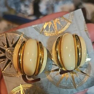 Kenneth Jay Lane Cream and Gold Dome Clip-On Earrings